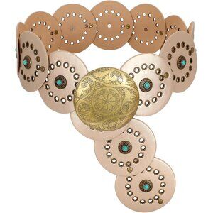 Woman's Western PU Leather Belts Concho Disc Wide Waist Belt Gold Bronze Buckle